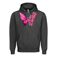 Charcoal Heather Pink Flowers and Breast Cancer Ribbon Butterfly Zipper Hoodie - texasbilliewilder