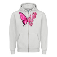 Dove Grey Pink Flowers and Breast Cancer Ribbon Butterfly Zipper Hoodie - texasbilliewilder