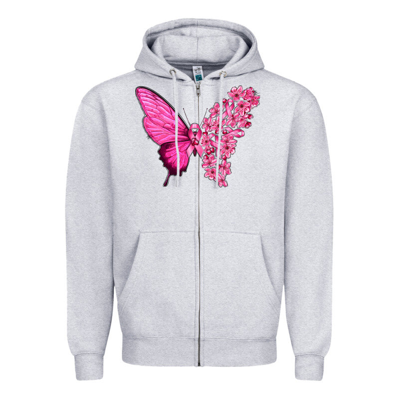 Pink Flowers And Breast Cancer Ribbon Butterfly Zipper Hoodie by texasbilliewilder | Teevron