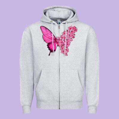 Pink Flowers And Breast Cancer Ribbon Butterfly Zipper Hoodie Designed By Texasbilliewilder