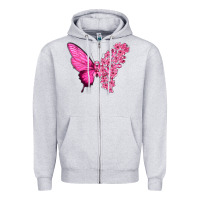 Heather Grey Pink Flowers and Breast Cancer Ribbon Butterfly Zipper Hoodie - texasbilliewilder