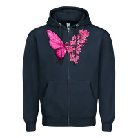 Navy Pink Flowers and Breast Cancer Ribbon Butterfly Zipper Hoodie - texasbilliewilder