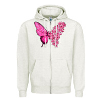 Oatmeal Heather Pink Flowers and Breast Cancer Ribbon Butterfly Zipper Hoodie - texasbilliewilder
