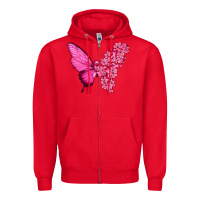 Red Pink Flowers and Breast Cancer Ribbon Butterfly Zipper Hoodie - texasbilliewilder