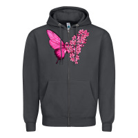 Smoke Pink Flowers and Breast Cancer Ribbon Butterfly Zipper Hoodie - texasbilliewilder