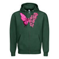 Sports Green Pink Flowers and Breast Cancer Ribbon Butterfly Zipper Hoodie - texasbilliewilder