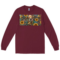 Burgundy Cow With Aztec Leopard And Sunflower Long Sleeve Tee - RanaPortraitStore