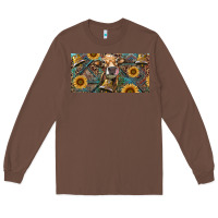 Chestnut Cow With Aztec Leopard And Sunflower Long Sleeve Tee - RanaPortraitStore