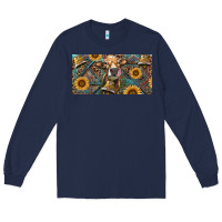 Navy Cow With Aztec Leopard And Sunflower Long Sleeve Tee - RanaPortraitStore