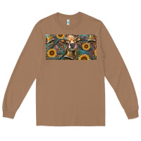 Toasted Coconut Cow With Aztec Leopard And Sunflower Long Sleeve Tee - RanaPortraitStore