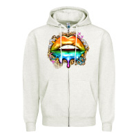 Oatmeal Heather rainbow lips Zipper Hoodie - Zillion Design Studio
