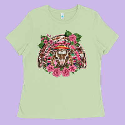 Pink Floral Baby Goat Rainbow Ladies Tee Designed By Barkaloodesign