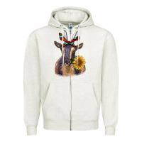 Oatmeal Heather sunflower aztec ribbon goat Zipper Hoodie - RanaPortraitStore