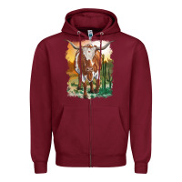 Burgundy longhorn cow with desert background Zipper Hoodie - RanaPortraitStore