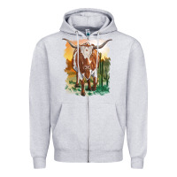 Heather Grey longhorn cow with desert background Zipper Hoodie - RanaPortraitStore