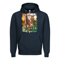 Navy longhorn cow with desert background Zipper Hoodie - RanaPortraitStore