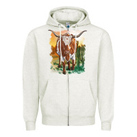 Oatmeal Heather longhorn cow with desert background Zipper Hoodie - RanaPortraitStore