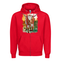 Red longhorn cow with desert background Zipper Hoodie - RanaPortraitStore