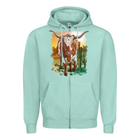 Seafoam longhorn cow with desert background Zipper Hoodie - RanaPortraitStore