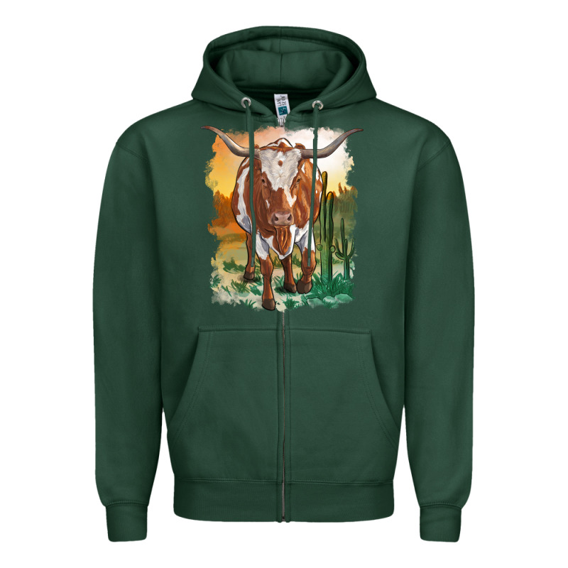 Longhorn Cow With Desert Background Zipper Hoodie by RanaPortraitStore | Teevron