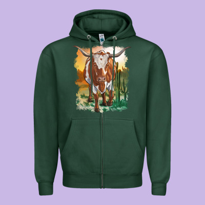 Longhorn Cow With Desert Background Zipper Hoodie Designed By Ranaportraitstore