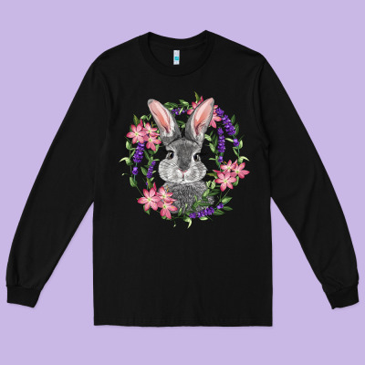 Long Sleeve Tee Easter Bunny With Floral Wreath