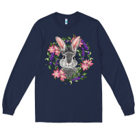Navy Easter Bunny With Floral Wreath Long Sleeve Tee - RanaPortraitStore
