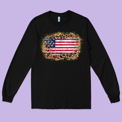 America Leopard Glitter Flag Long Sleeve Tee Designed By Zillion Design Studio