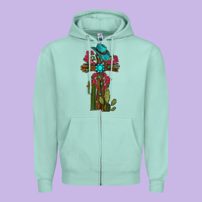 Cross Gemstone Cactus Roses Cowboy Hat Zipper Hoodie Designed By Ranaportraitstore