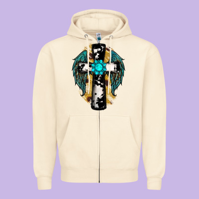 Cross Gemstone Wings Zipper Hoodie Designed By Ranaportraitstore