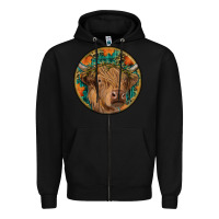 Black fall highland cow round Zipper Hoodie - RanaPortraitStore