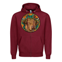 Burgundy fall highland cow round Zipper Hoodie - RanaPortraitStore