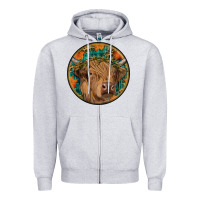 Heather Grey fall highland cow round Zipper Hoodie - RanaPortraitStore