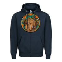 Navy fall highland cow round Zipper Hoodie - RanaPortraitStore