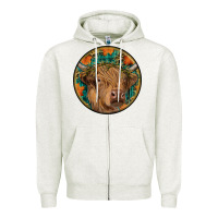 Oatmeal Heather fall highland cow round Zipper Hoodie - RanaPortraitStore