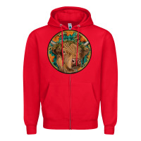 Red fall highland cow round Zipper Hoodie - RanaPortraitStore