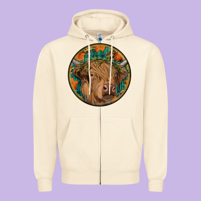 Fall Highland Cow Round Zipper Hoodie Designed By Ranaportraitstore