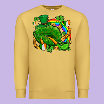 St Patricks Lips With Horseshoe Rainbow And Shamrocks Premium Sweatshirt Designed By Adodesignshop