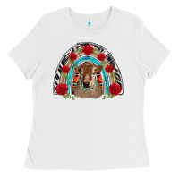 White brown baby cow floral rose rainbow Ladies Tee - BarkalooDesign