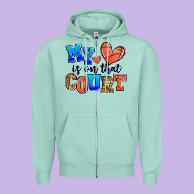 My Heart Is On That Court Basketball Zipper Hoodie Designed By Zillion Design Studio