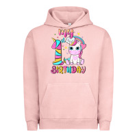 Pigment Salmon my 1 st birthday with little cute unicorn Urban Hoodie - NancyCooperArtShop