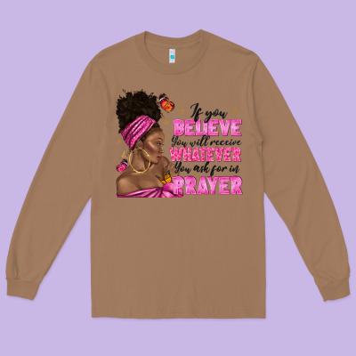 Long Sleeve Tee afro woman bun and religion faith prayer