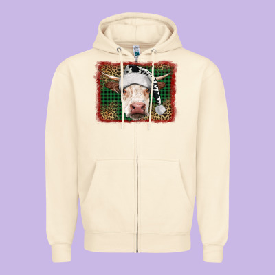 Christmas Cow With Background Zipper Hoodie Designed By Ranaportraitstore