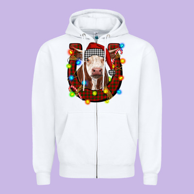 Christmas Horseshoe With Hereford Cow Zipper Hoodie Designed By Ranaportraitstore