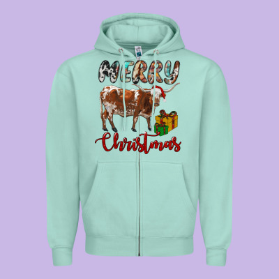 Texas Longhorn Merry Christmas Zipper Hoodie Designed By Ranaportraitstore