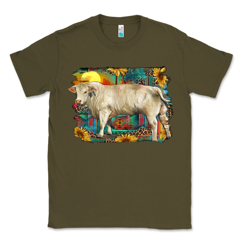 Western Charolais Bull And Aztec Sunflower Background Classic Tee by RanaPortraitStore | Teevron