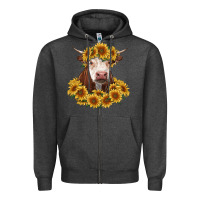 Charcoal Heather hereford cow with sunflowers Zipper Hoodie - RanaPortraitStore