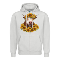 Dove Grey hereford cow with sunflowers Zipper Hoodie - RanaPortraitStore