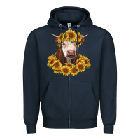 Navy hereford cow with sunflowers Zipper Hoodie - RanaPortraitStore