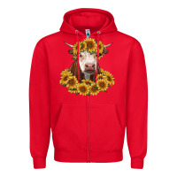 Red hereford cow with sunflowers Zipper Hoodie - RanaPortraitStore